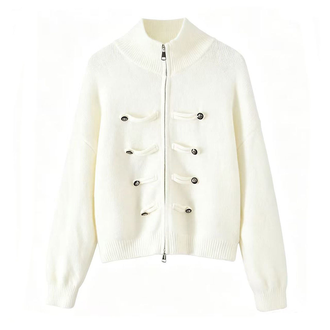 Ladies cardigan with stand-up collar, zipper and decorative knot trims Mune Fashion