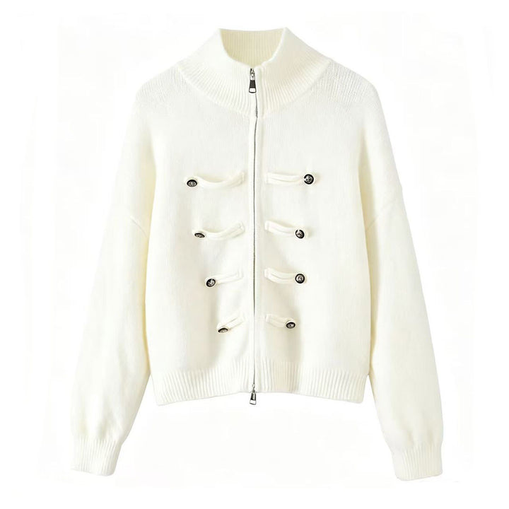 Ladies cardigan with stand-up collar, zipper and decorative knot trims Mune Fashion