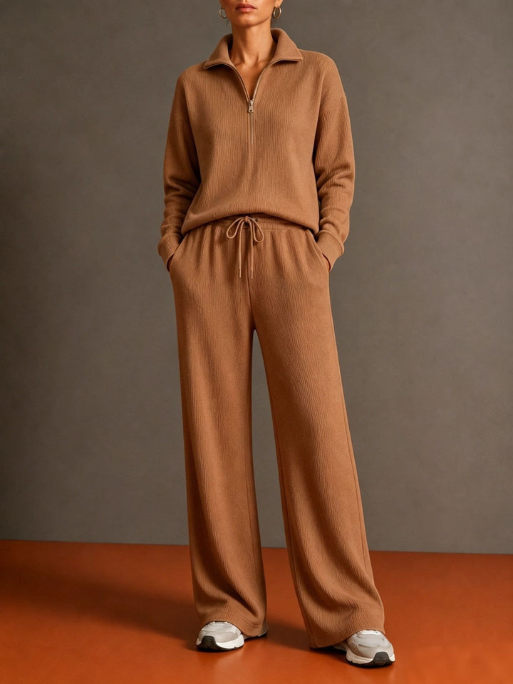 Women's cozy knit relax suit with half zipper, drawstring waistband, and wide leg Mune Fashion
