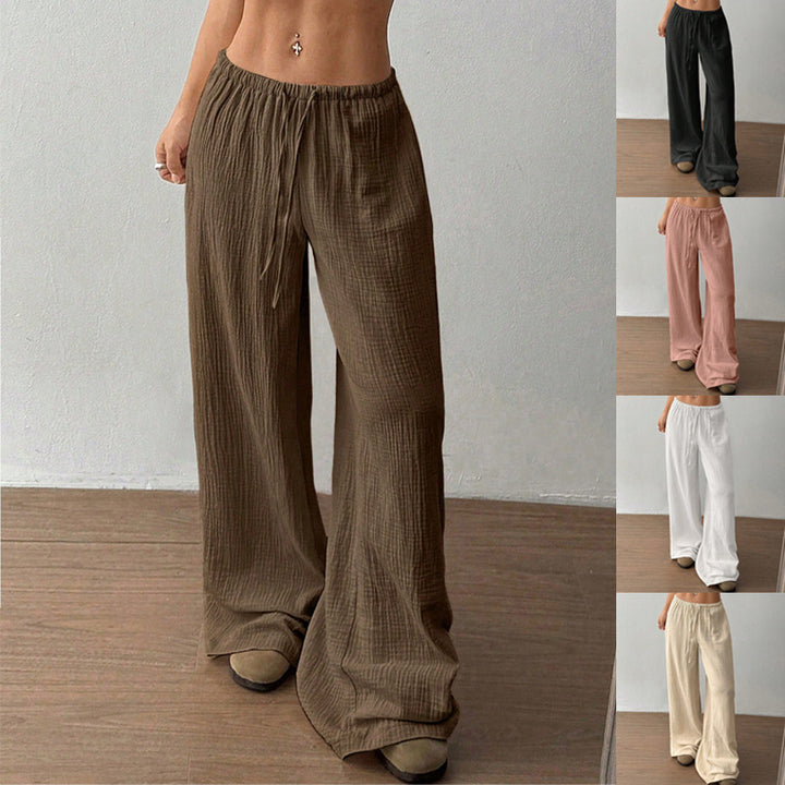 Women Lightweight Linen Look Pants with Wide Leg, Elastic Waistband and Drawstring Mune Fashion