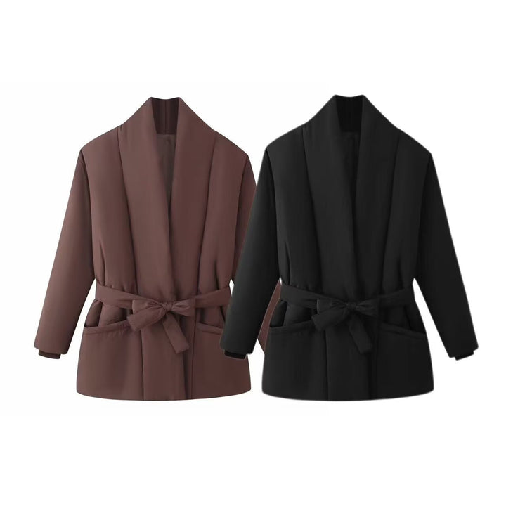 Women's Short Quilted Padded Jacket with Shawl Collar and Waist Belt Mune Fashion