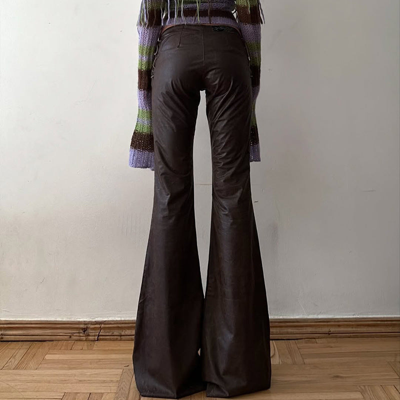 Women High-Waist Flared Trousers made of Faux Leather with Side Decorative Cords Mune Fashion