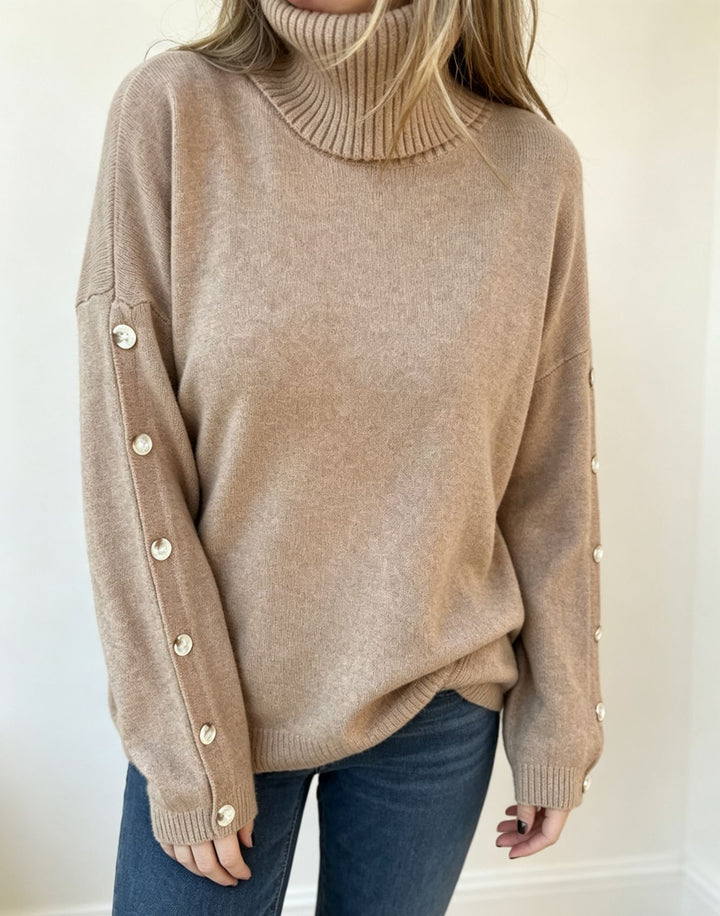Women's Oversized Turtleneck Sweater with Sleeve Button Placket Mune Fashion