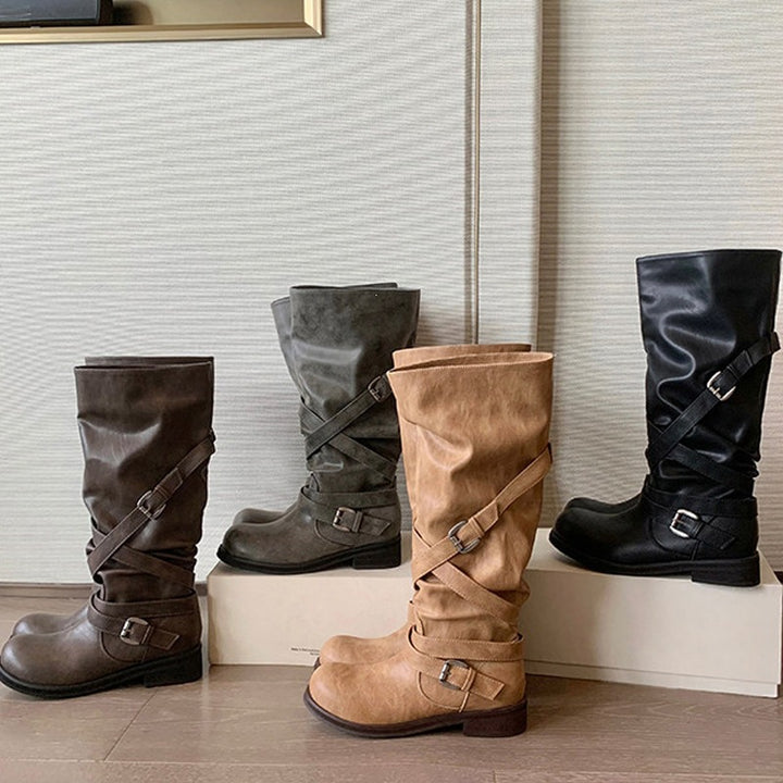 Women's Knee-High Biker Boots in Leather-Look with Adjustable Buckles Mune Fashion