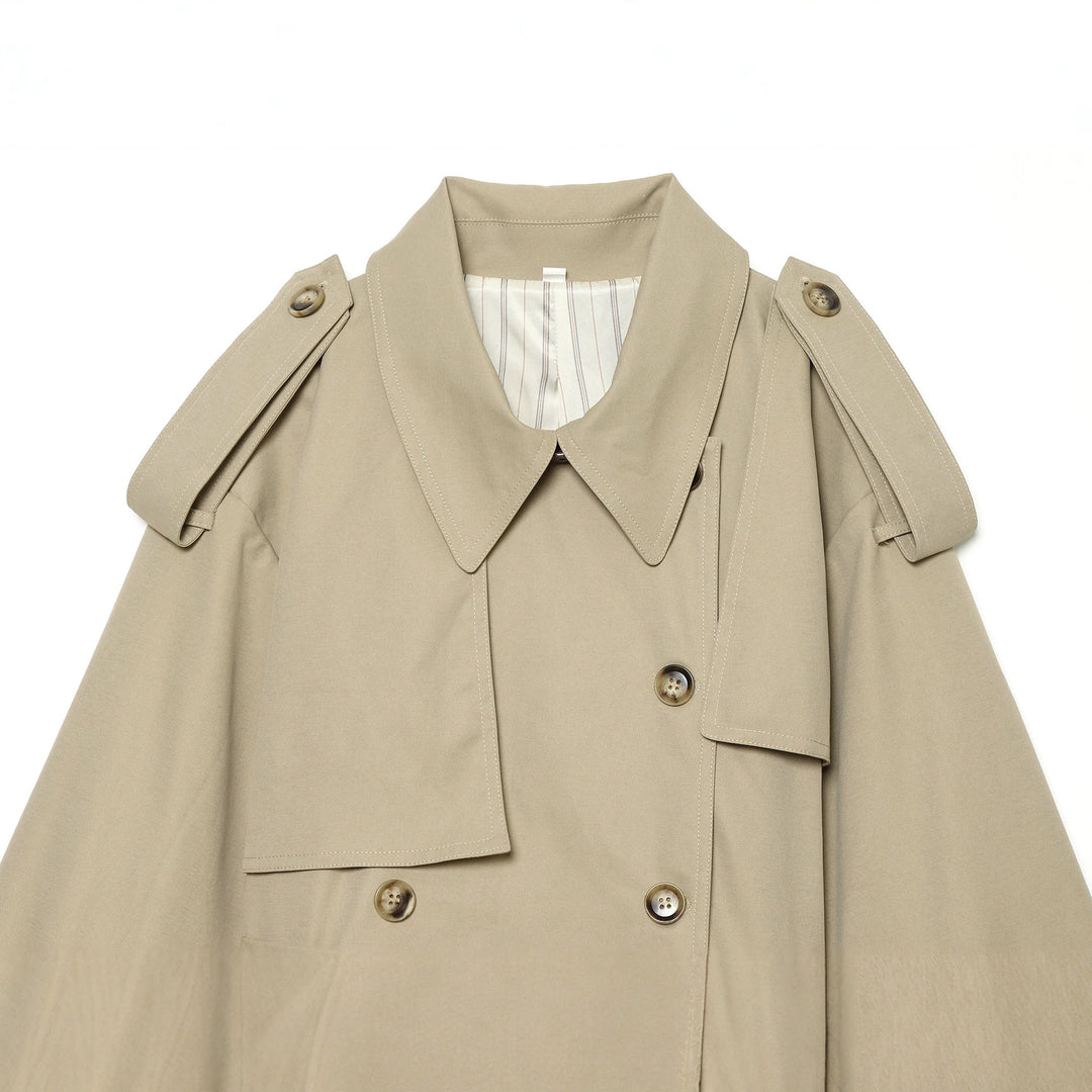 Ladies Short Cape Trench with Double Row, Shoulder Flaps and Waist Belt Mune Fashion