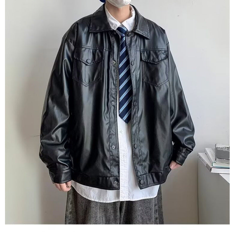Men's Oversized Faux Leather Shirt Jacket in Boxy Look with Flap Pockets and Snap Placket Mune Fashion