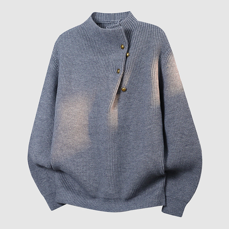 Women's Oversized Fine Knit Sweater with Asymmetrical Button Placket and Stand Collar Mune Fashion