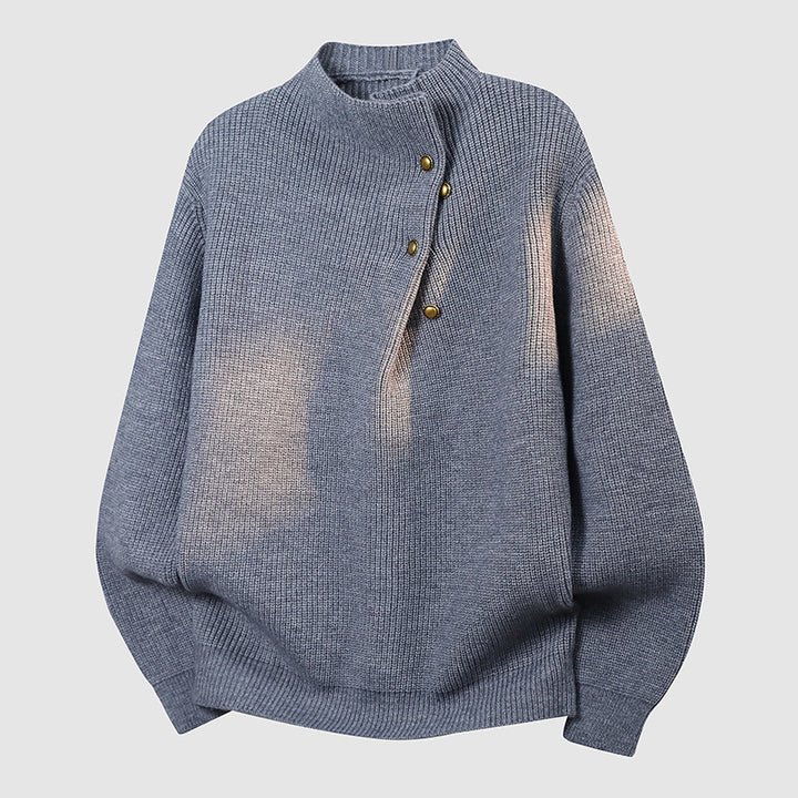 Women's Oversized Fine Knit Sweater with Asymmetrical Button Placket and Stand Collar Mune Fashion