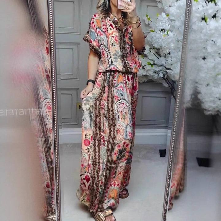 Women's Boho two-piece made of lightweight viscose with short-sleeve blouse, button placket, drawstring waistband, and wide palazzo pants Mune Fashion