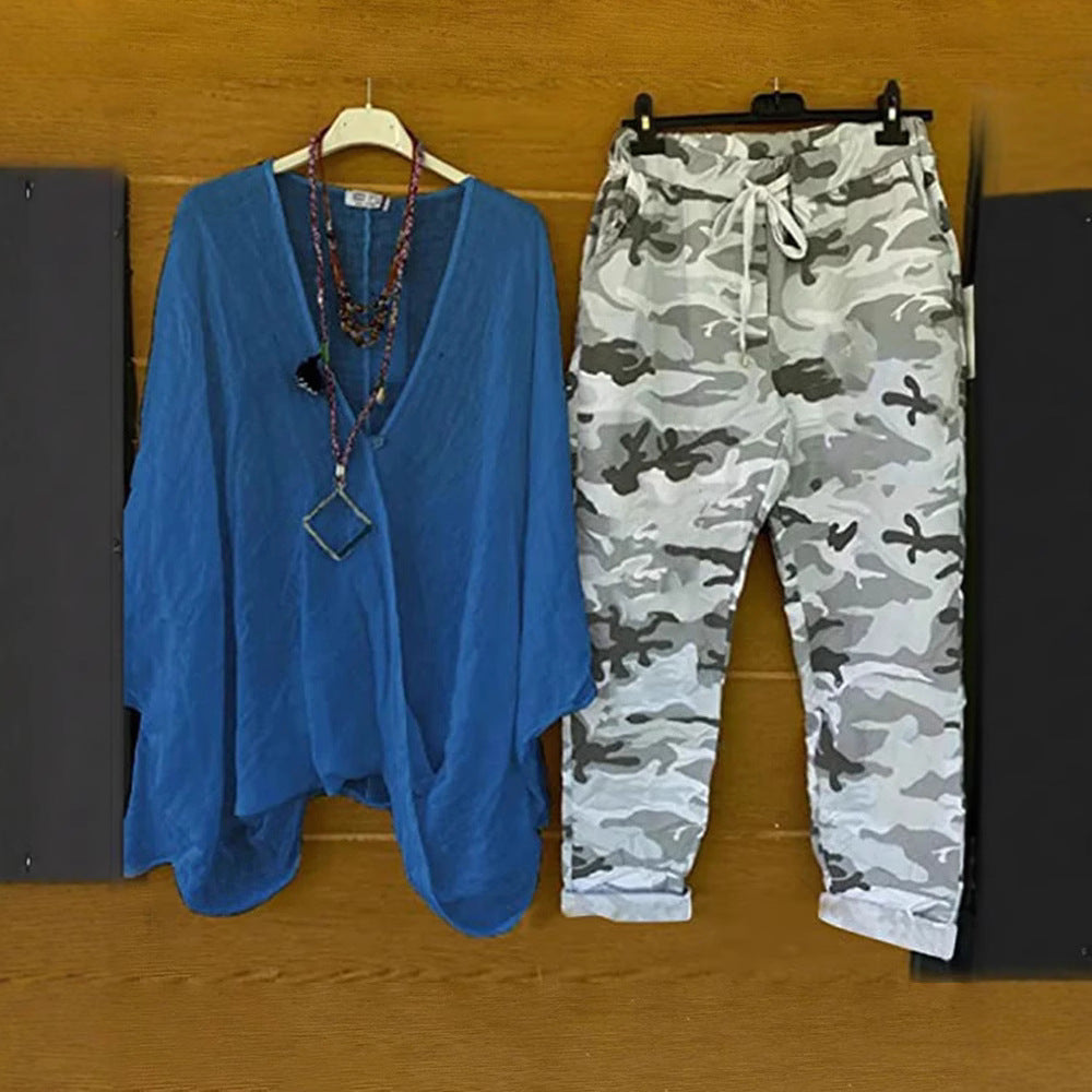 Women's two-piece outfit consisting of flowing kimono top and camouflage jogging pants Mune Fashion