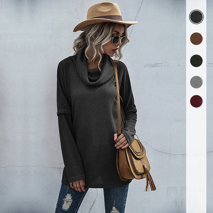 Women's Oversized Fine Knit Tunic with Wide Roll Neck and Ribbed Structural Knit