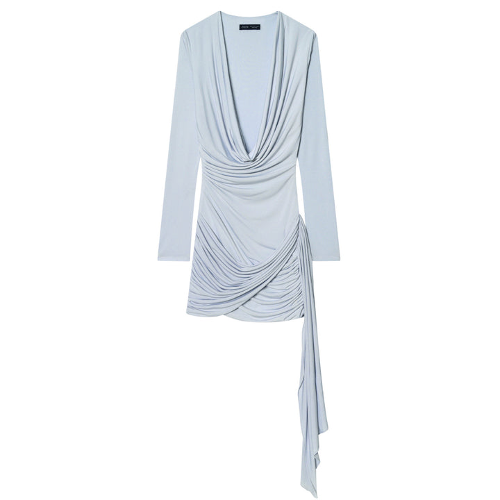 Women's Draped Jersey Mini Dress with Deep Waterfall Neckline and Side Cord Mune Fashion