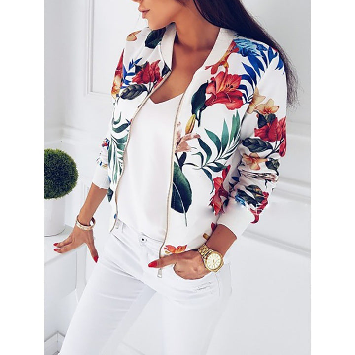 Women's Lightweight Bomber Jacket with Floral Allover Print, Zipper and Ribbed Cuffs Mune Fashion