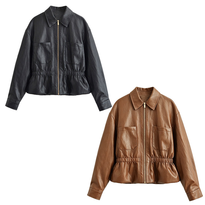 Women's Boxy Faux Leather Blouson with Elastic Waistband, Patch Chest Pockets and Visible Zipper Detail