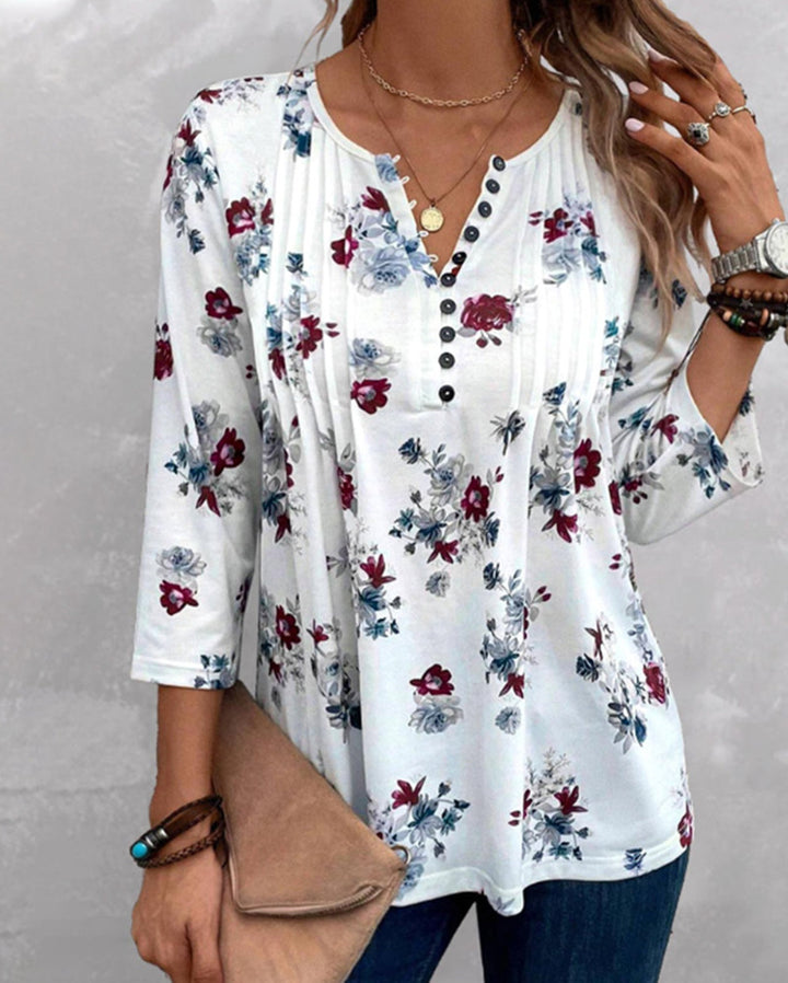 Women's floral tunic blouse with pleats and decorative button placket Mune Fashion