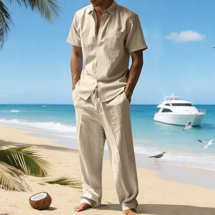 Men's resort-appropriate short-sleeve shirt with chest pocket and casual linen drawstring pants Mune Fashion