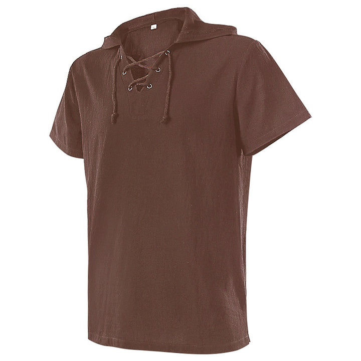 Men's casual short-sleeve shirt with laced V-neck, short stand-up collar, and soft cotton blend Mune Fashion