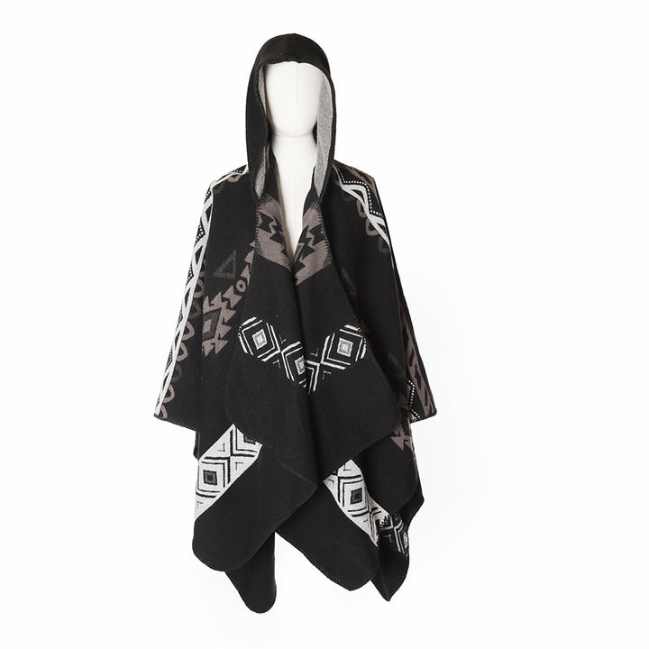 Women's Hooded Cape made of Wool Blend with Graphic Aztec Pattern Mune Fashion