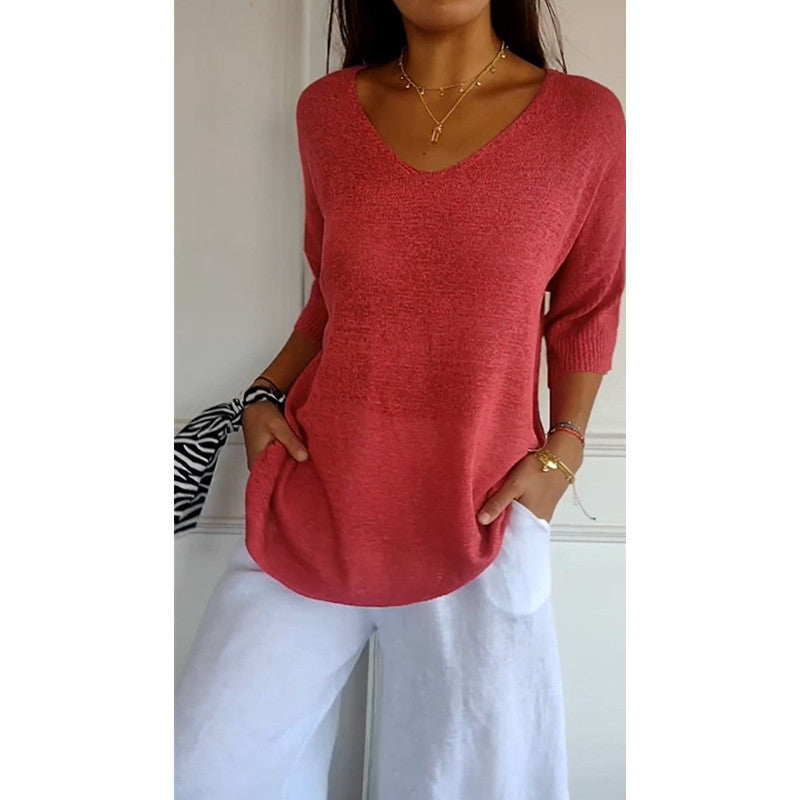 Women's relaxed fit V-neck fine knit pullover with three-quarter sleeves Mune Fashion