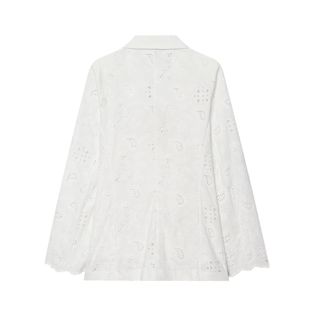 Women's Lightweight Broderie Anglaise Blazer with Shawl Collar and Eyelet Embroidery Mune Fashion