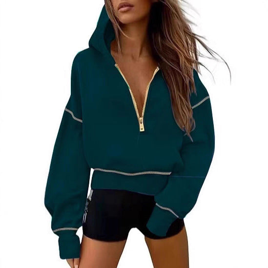 Women's cropped hooded pullover with half zipper and voluminous balloon sleeves Mune Fashion