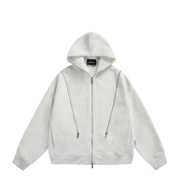 Unisex Hooded Sweat Jacket with Double Zipper and Decorative Seam Panel Mune Fashion