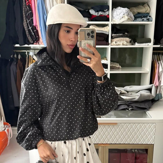 Women's Lightweight Polka Dot Half-Zip Transitional Jacket with Stand-Up Collar and Drawstring Mune Fashion