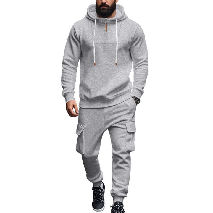 Men's two-piece sweat set with hood, elastic waistband, and patch cargo pockets Mune Fashion