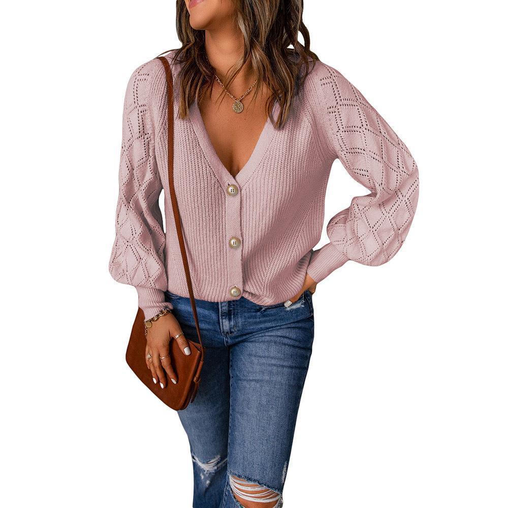 Women's knitted cardigan with V-neck, decorative button placket and balloon sleeves Mune Fashion