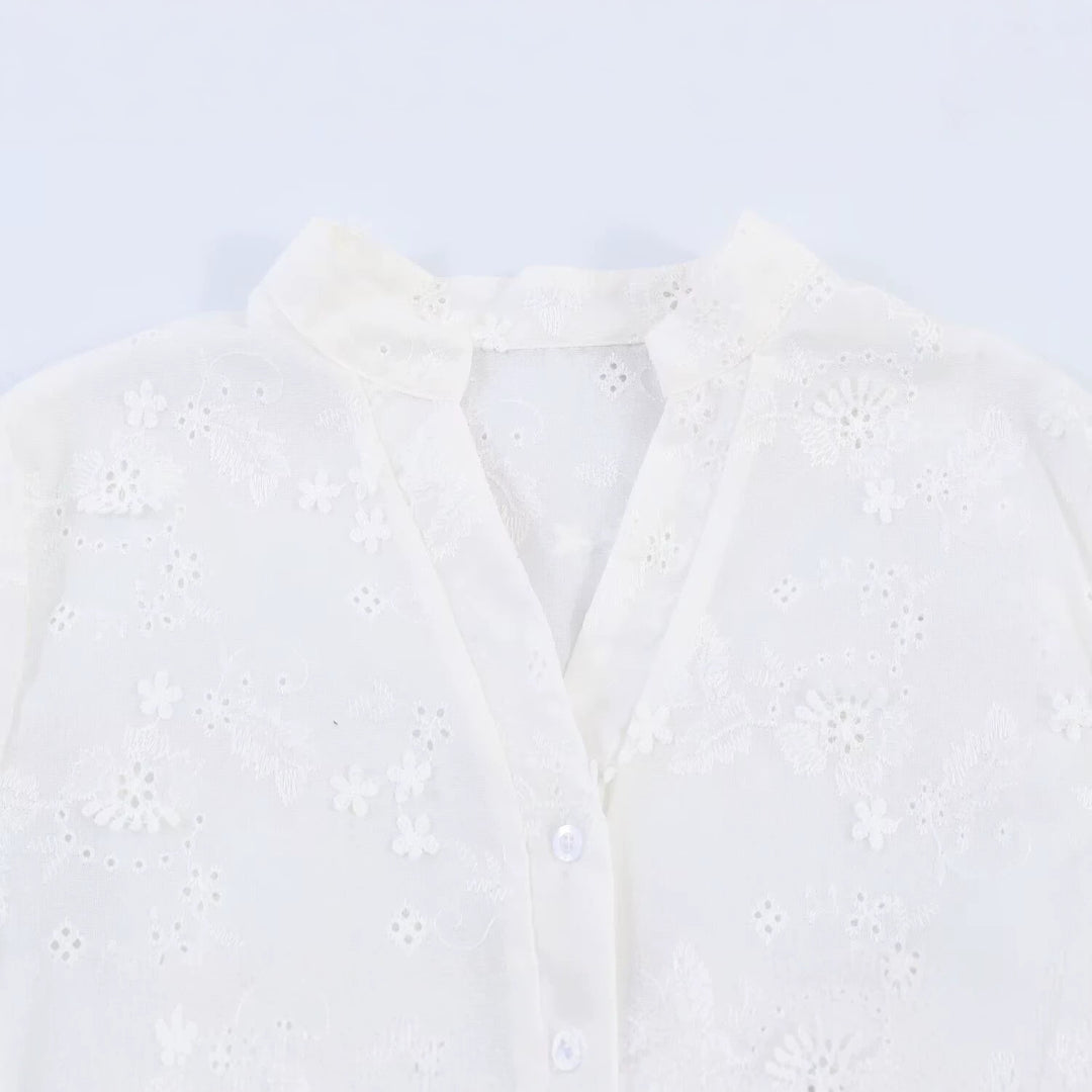 Women's Embroidered Cropped Blouse with Stand-up Collar, Cutwork Embroidery and Tailored Waist Mune Fashion
