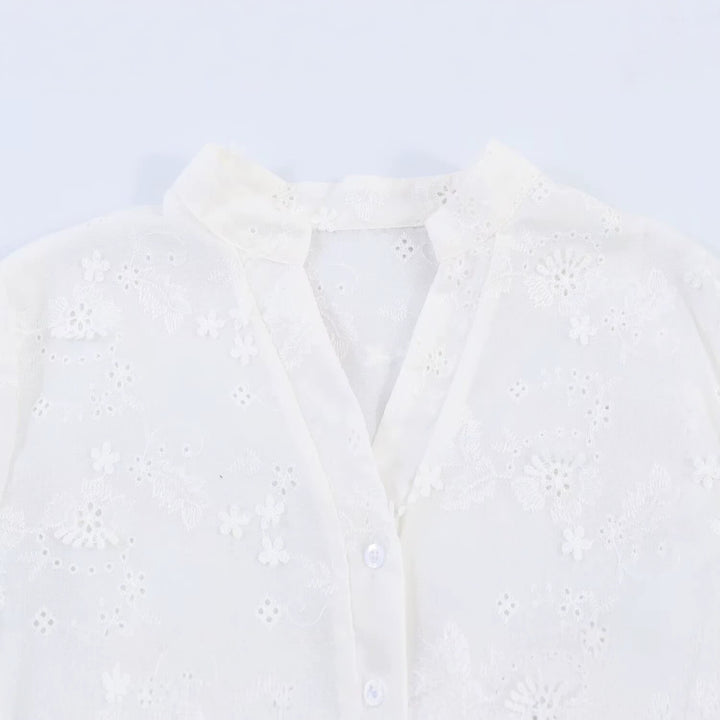 Women's Embroidered Cropped Blouse with Stand-up Collar, Cutwork Embroidery and Tailored Waist Mune Fashion
