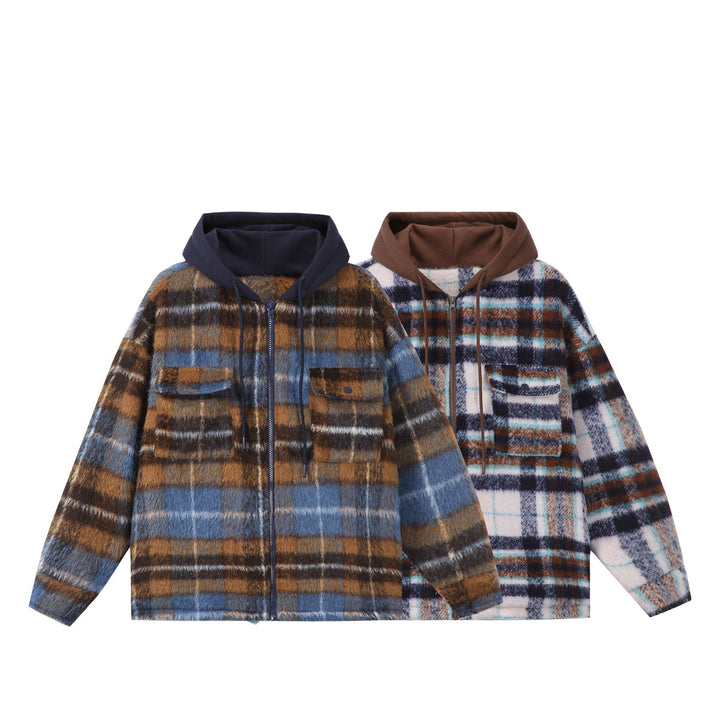 Unisex short cut plaid faux fur jacket with hood and zipper Mune Fashion