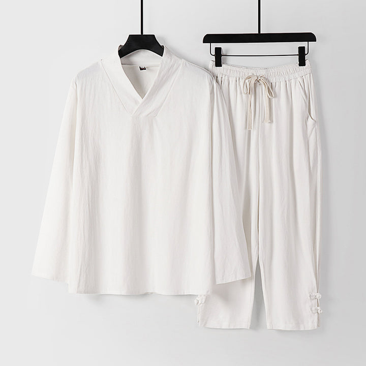 Men's Loose Loungewear Set with V-Notch Stand Collar and Drawstring Pants Mune Fashion