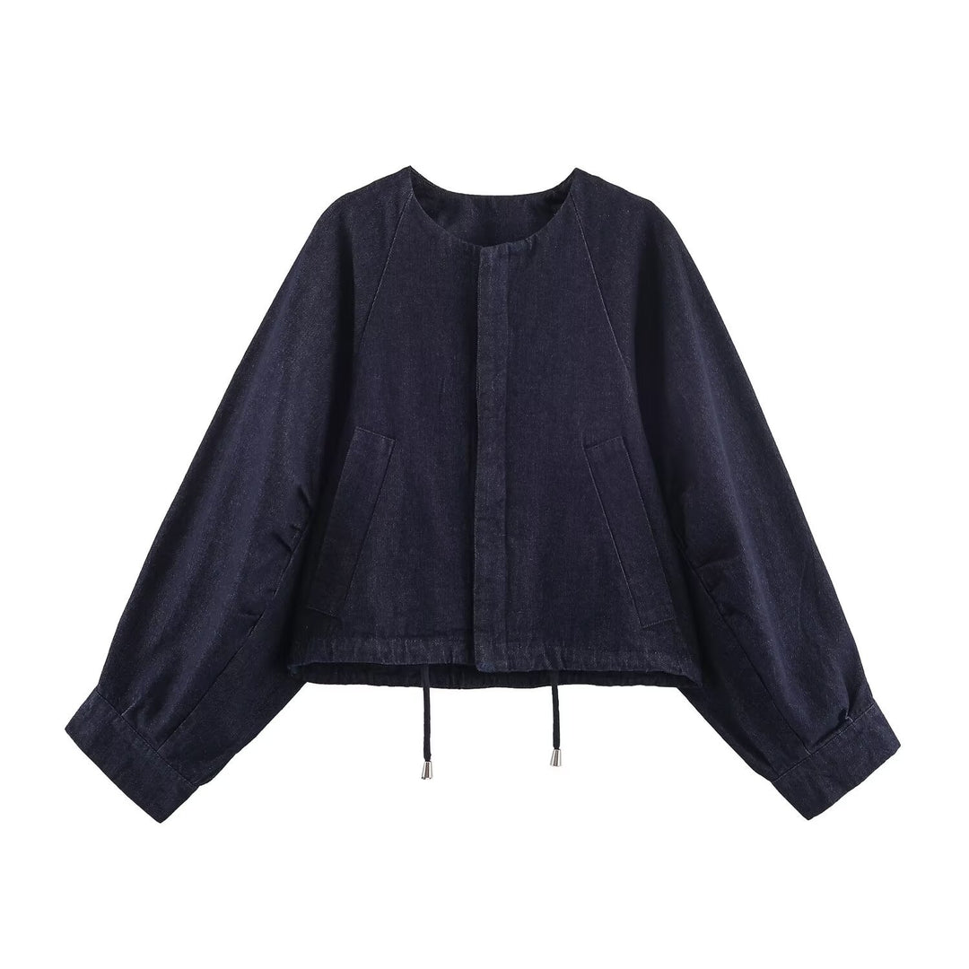 Women's Oversized Cropped Denim Jacket with Drawstring, Raglan Sleeves, and Hidden Button Placket Mune Fashion