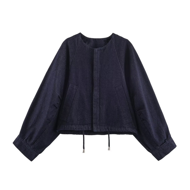 Women's Oversized Cropped Denim Jacket with Drawstring, Raglan Sleeves, and Hidden Button Placket Mune Fashion