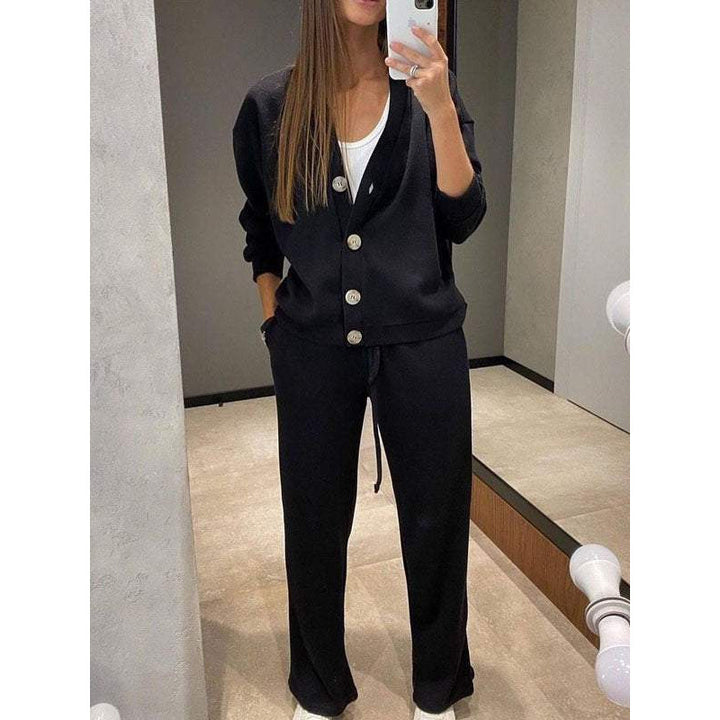 Women's Knit Loungewear Set with V-Neck Cardigan and Wide Drawstring Pants Mune Fashion