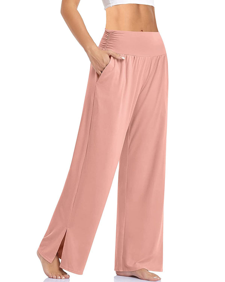 Women's wide Yoga pants with high comfort waistband, side pockets, and side leg slit Mune Fashion