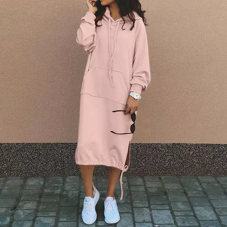 Women's Oversize Hoodie-Midi Dress with Drawstring Hem and Side Slit Details Mune Fashion