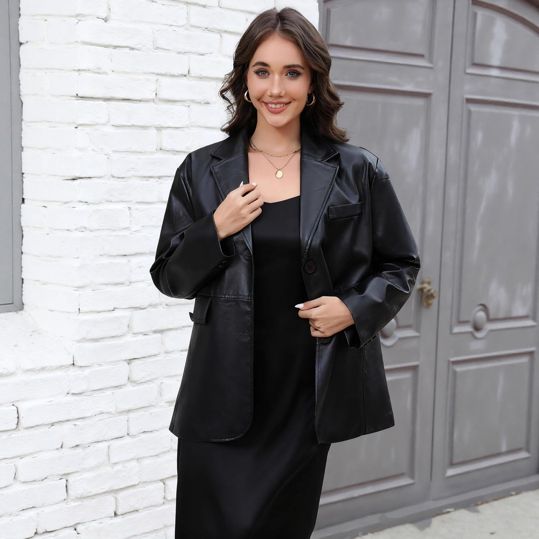 Women Faux Leather Blazer in Longline Cut Mune Fashion