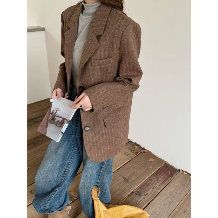 Women Oversize Tweed Blazer with Herringbone Pattern, Distinctive Shoulder Line and Flap Pockets Mune Fashion