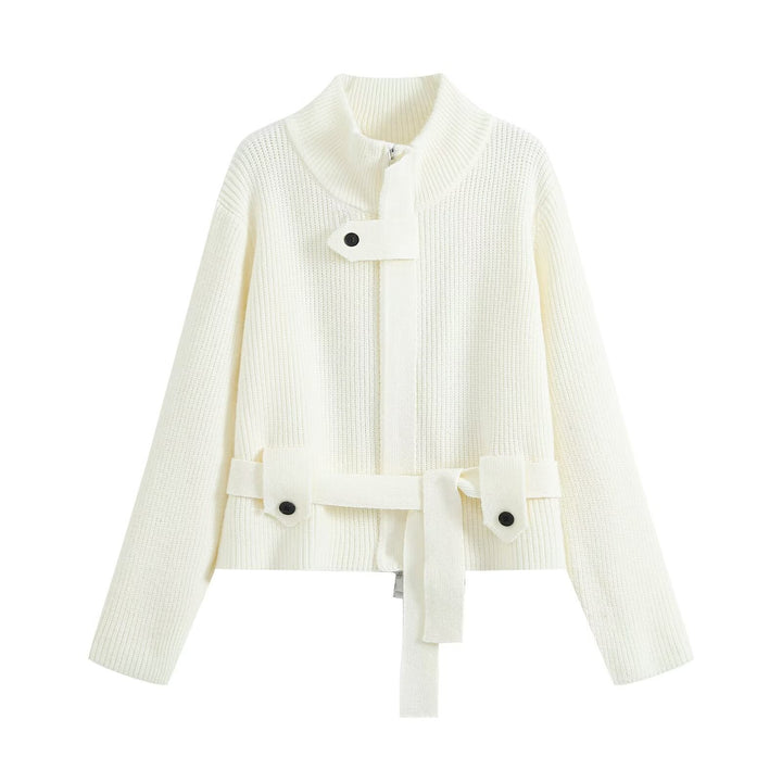 Ladies Short Knitted Tailored Cardigan with Stand-up Collar and Waist Belt Drune
