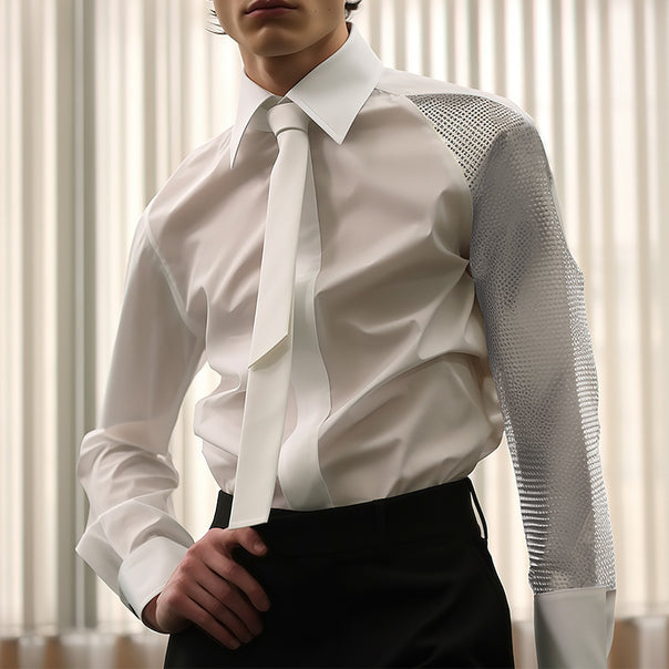 Women’s flowing blouse with attached bow, concealed button placket, and one-sided mesh sleeve detail Mune Fashion