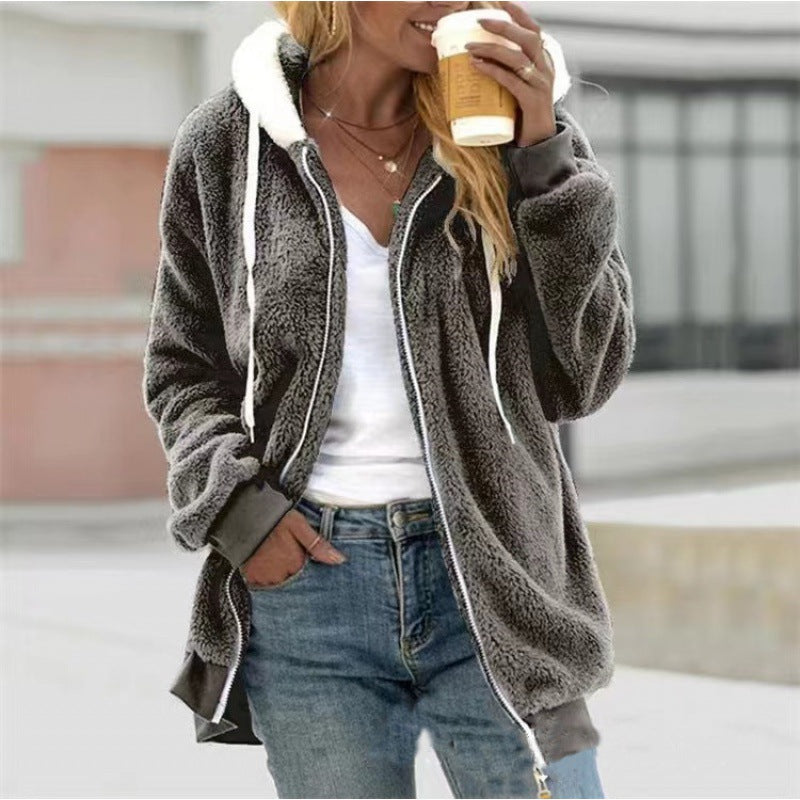 Women's Oversized Sherpa Zip Jacket with Contrast Collar, Ribbed Cuffs, and Drawstring Mune Fashion