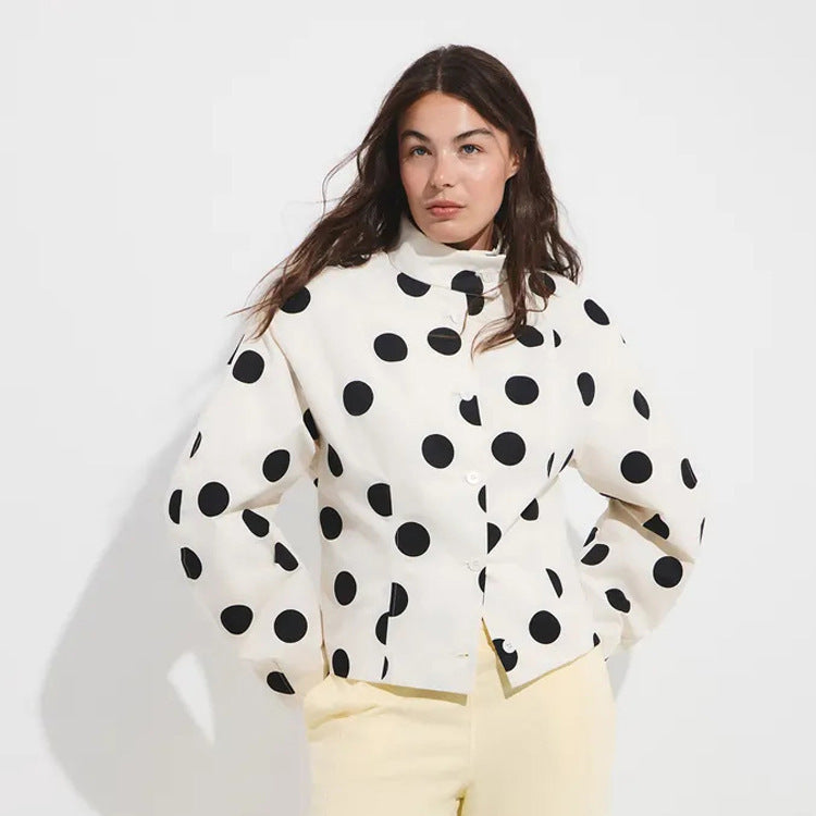 Women's Polka Dot Stand Collar Blouse with Oversized Sleeves and Boxy Cropped Silhouette Mune Fashion