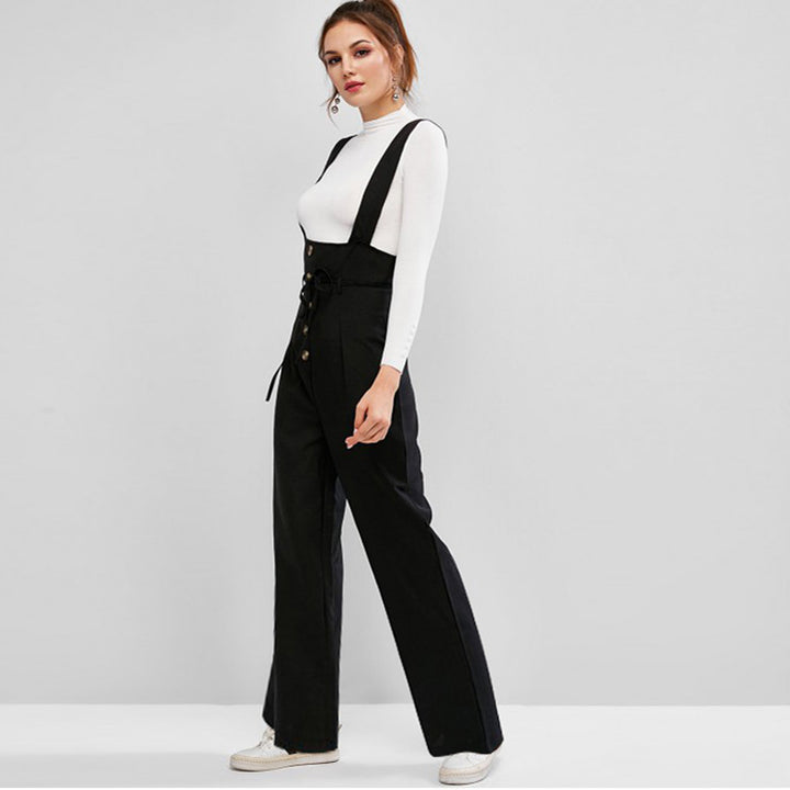 Women's High-Waist Overall Jumpsuit with Button Placket and Wide Straps Mune Fashion