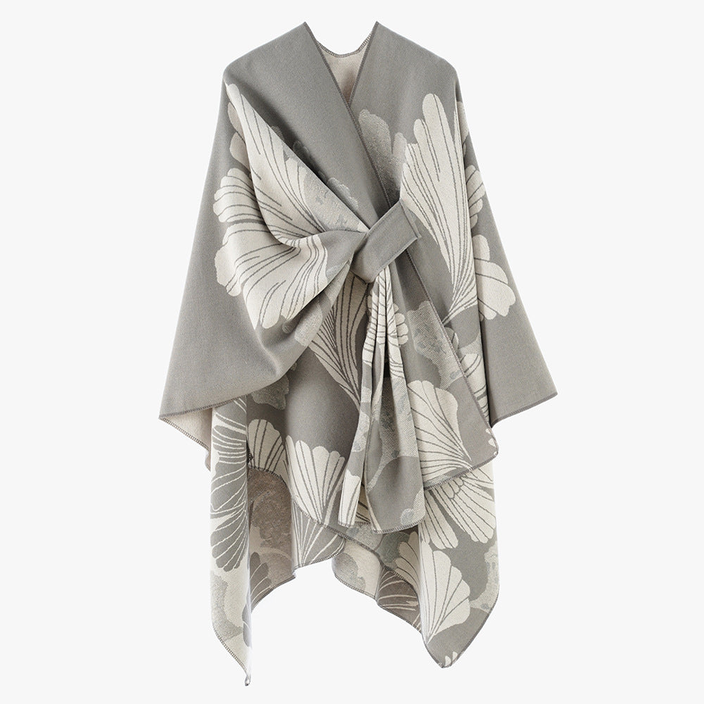 Women’s Jacquard Wrap Poncho with Floral Pattern and Waist Belt Mune Fashion