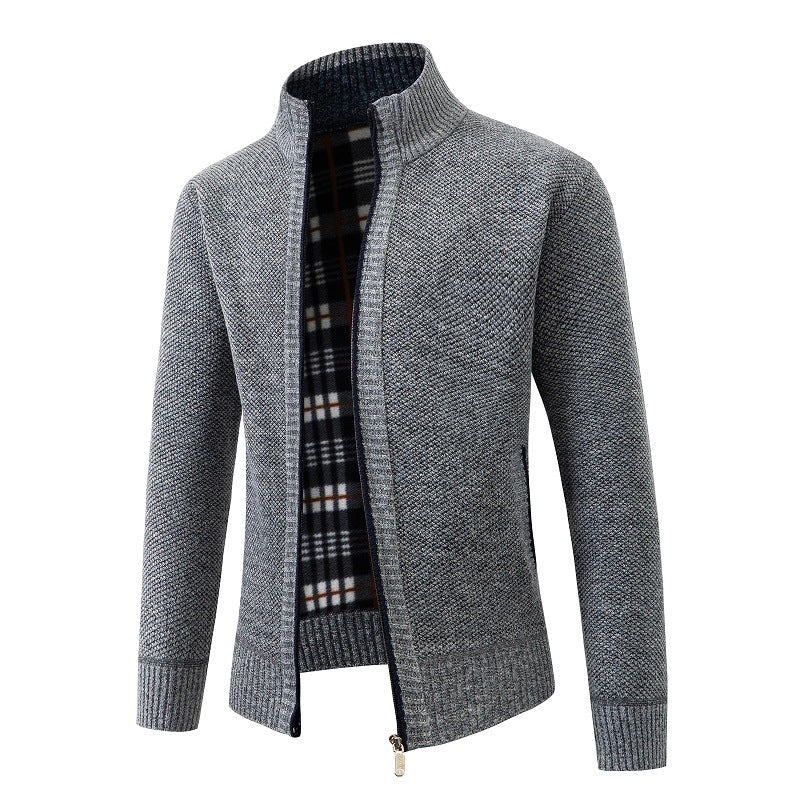 Men's Structured Zip Cardigan with Check Fleece Lining and Stand-Up Collar Mune Fashion
