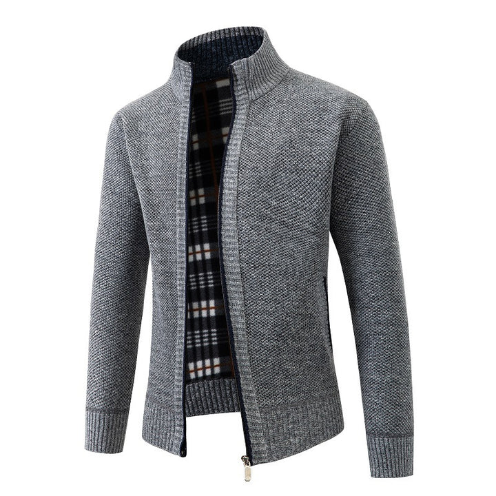 Men's Structured Zip Cardigan with Check Fleece Lining and Stand-Up Collar Mune Fashion