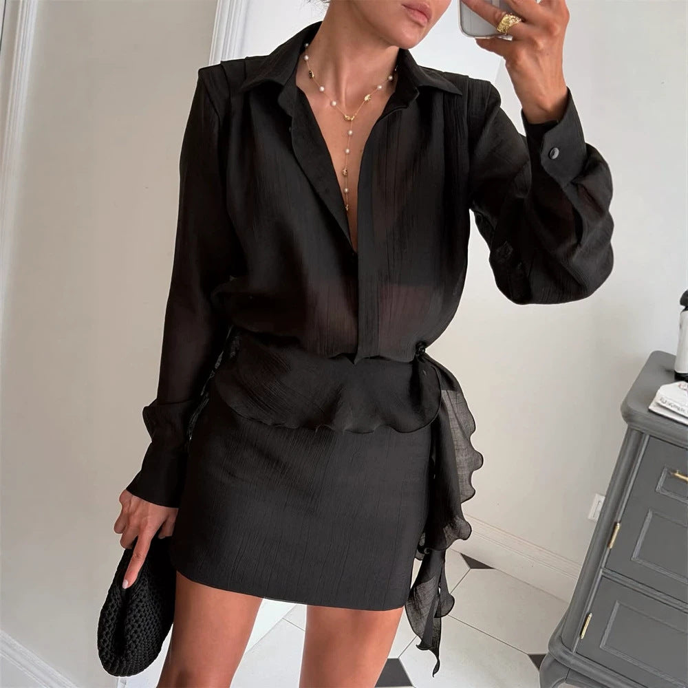 Ladies two-piece fine crinkle chiffon set with shirt blouse and wrap ruffle mini skirt Mune Fashion