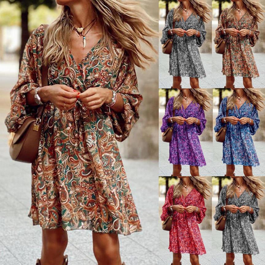 Women's Boho Mini Dress with Paisley Print, V Neck, Tied Belt and Balloon Sleeves Mune Fashion